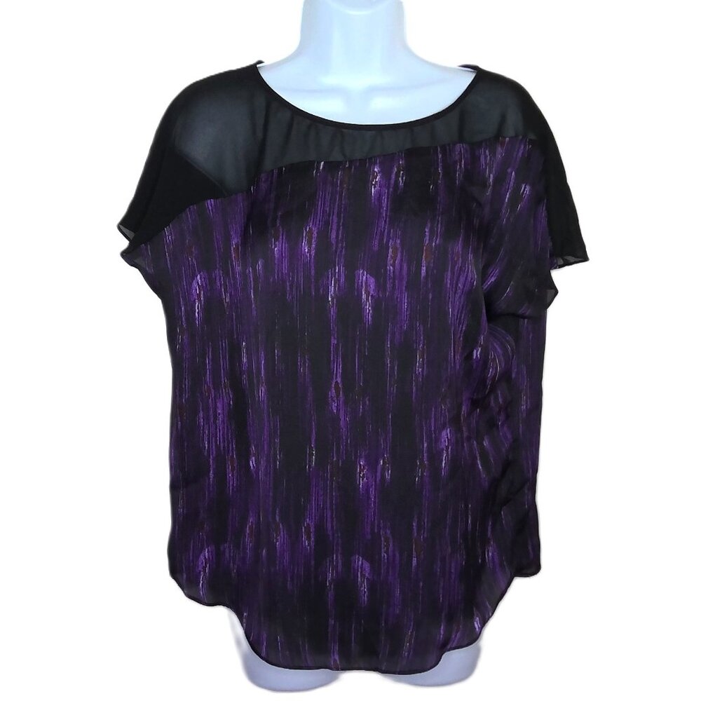 Vince Camuto Top Abstract Purple & Black W/ Sheer Insets Blousy Pullover EUC XS